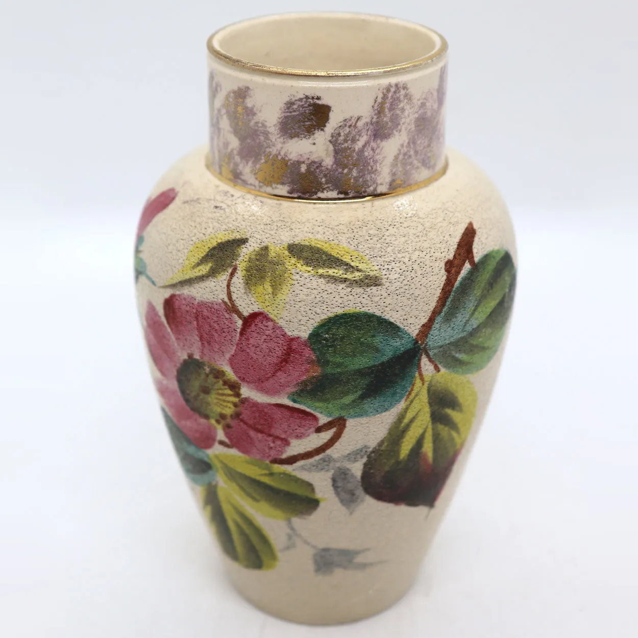 English Victorian Creamware Pottery Floral Cabinet Vase