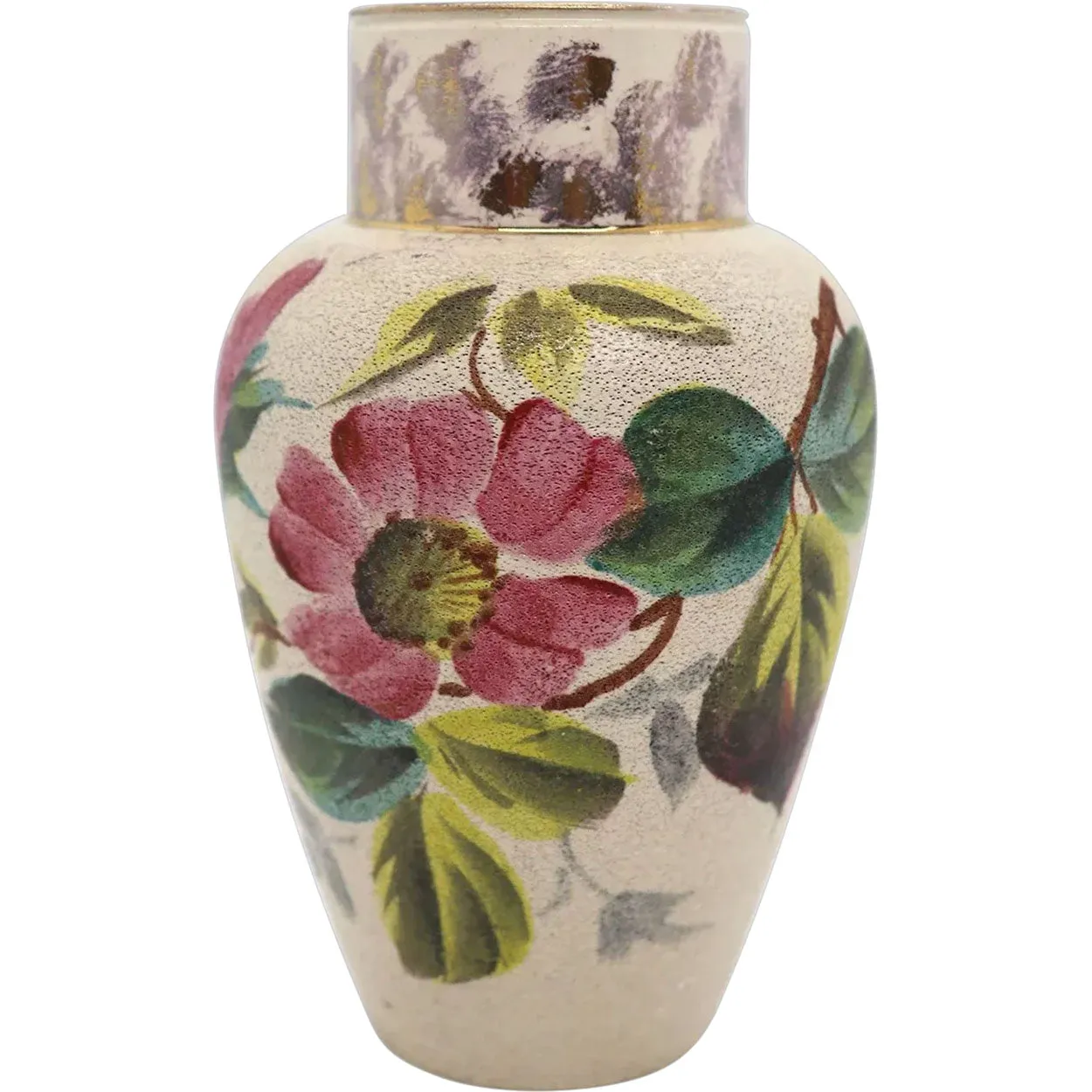 English Victorian Creamware Pottery Floral Cabinet Vase