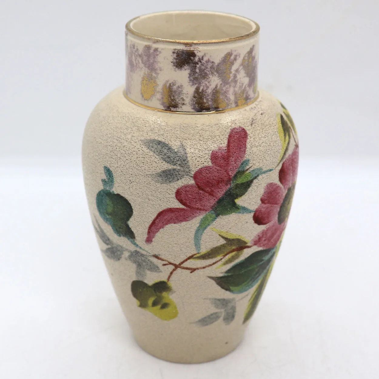 English Victorian Creamware Pottery Floral Cabinet Vase