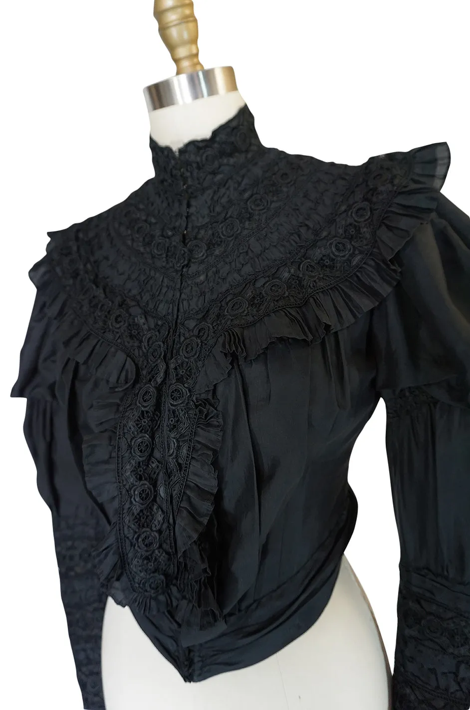 Exceptional Victorian Black Silk & Handmade Lace Top
