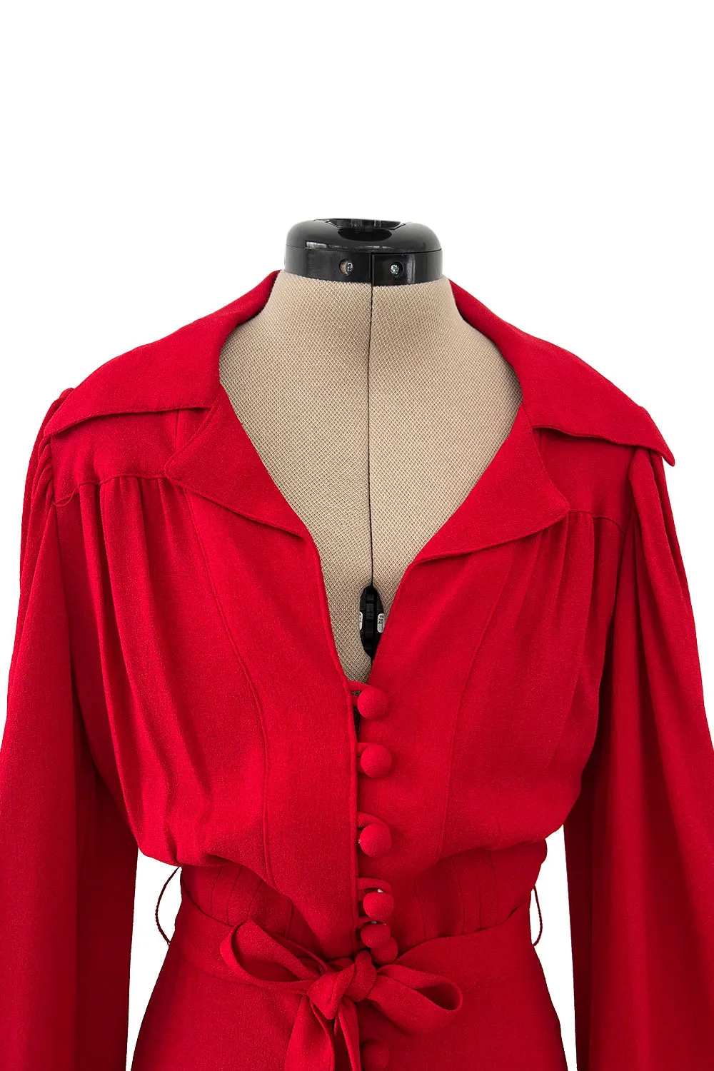 Fabulous c.1969 Ossie Clark Red Moss Crepe Dress w Bishop Sleeves, Button Front & Pointed Collar