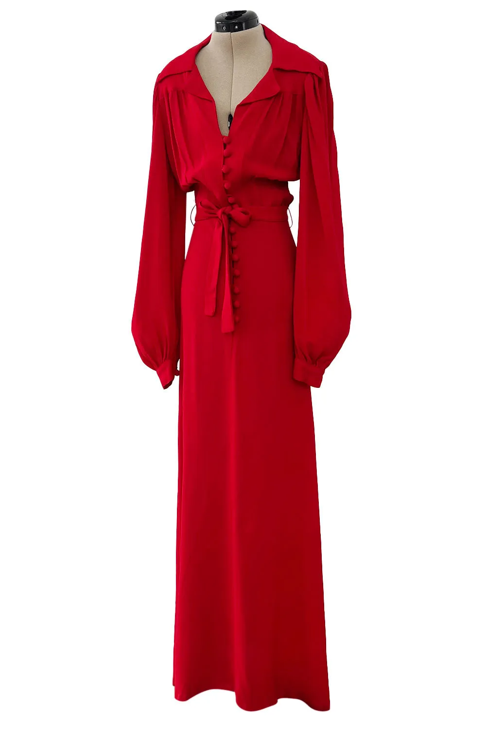 Fabulous c.1969 Ossie Clark Red Moss Crepe Dress w Bishop Sleeves, Button Front & Pointed Collar