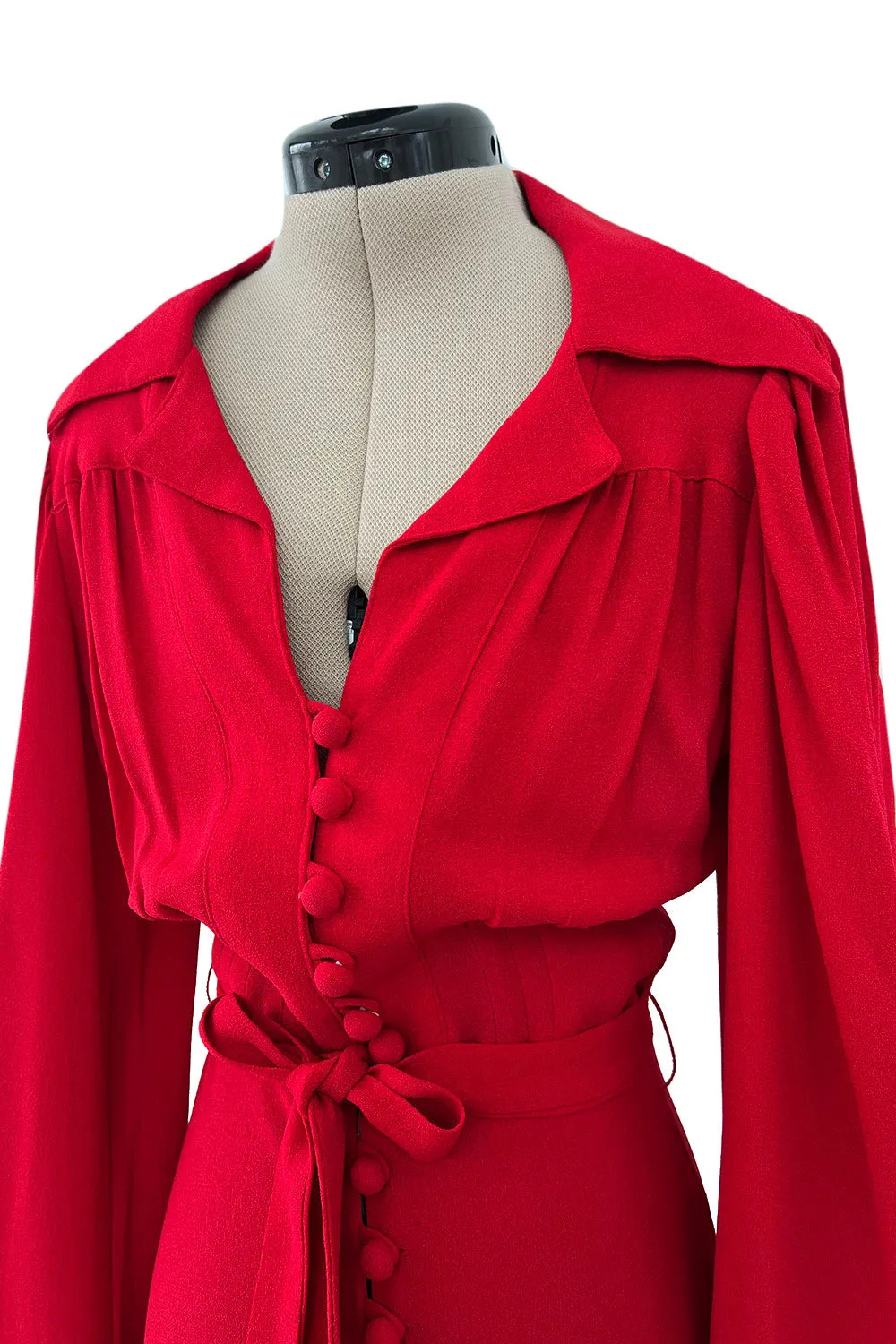 Fabulous c.1969 Ossie Clark Red Moss Crepe Dress w Bishop Sleeves, Button Front & Pointed Collar
