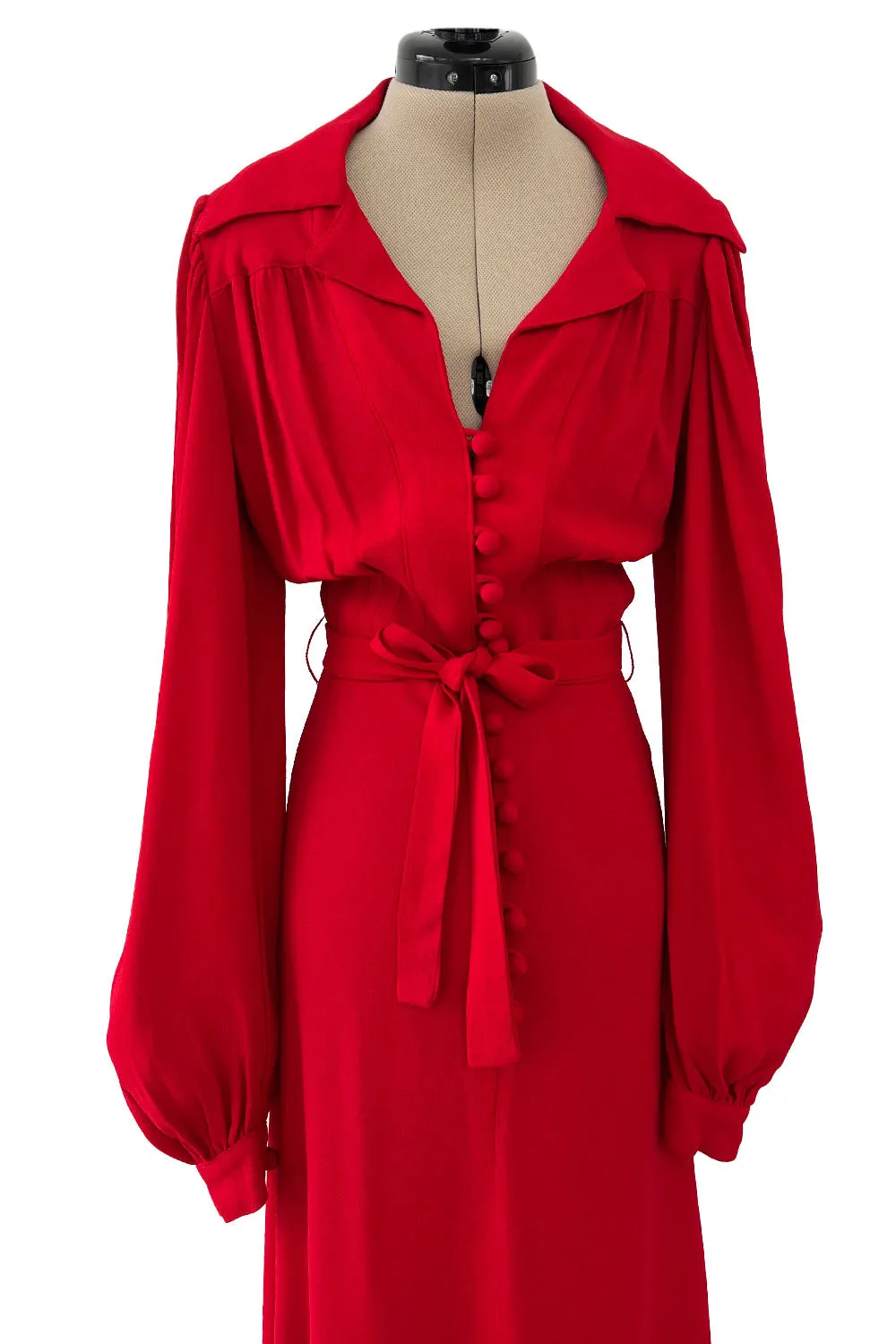 Fabulous c.1969 Ossie Clark Red Moss Crepe Dress w Bishop Sleeves, Button Front & Pointed Collar