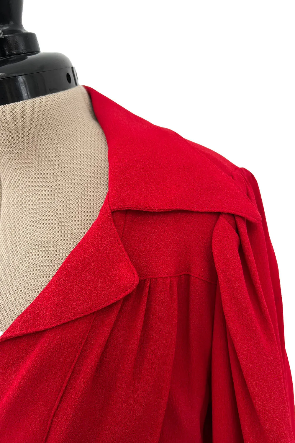 Fabulous c.1969 Ossie Clark Red Moss Crepe Dress w Bishop Sleeves, Button Front & Pointed Collar