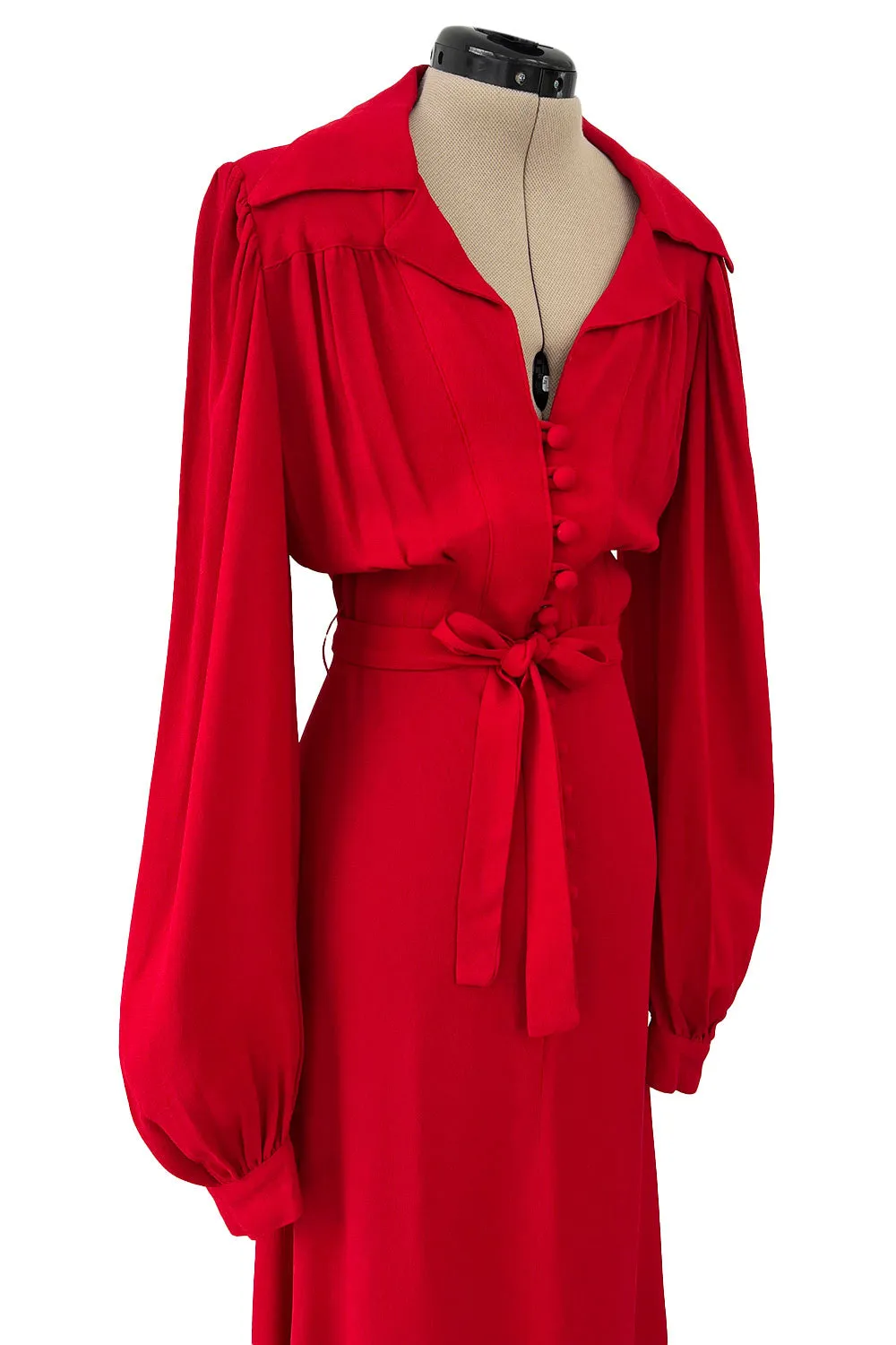 Fabulous c.1969 Ossie Clark Red Moss Crepe Dress w Bishop Sleeves, Button Front & Pointed Collar