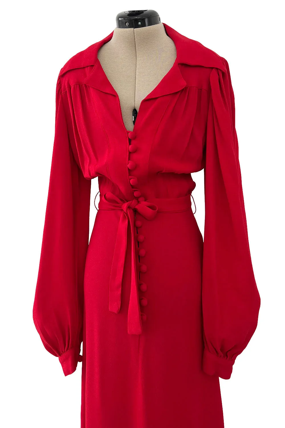 Fabulous c.1969 Ossie Clark Red Moss Crepe Dress w Bishop Sleeves, Button Front & Pointed Collar