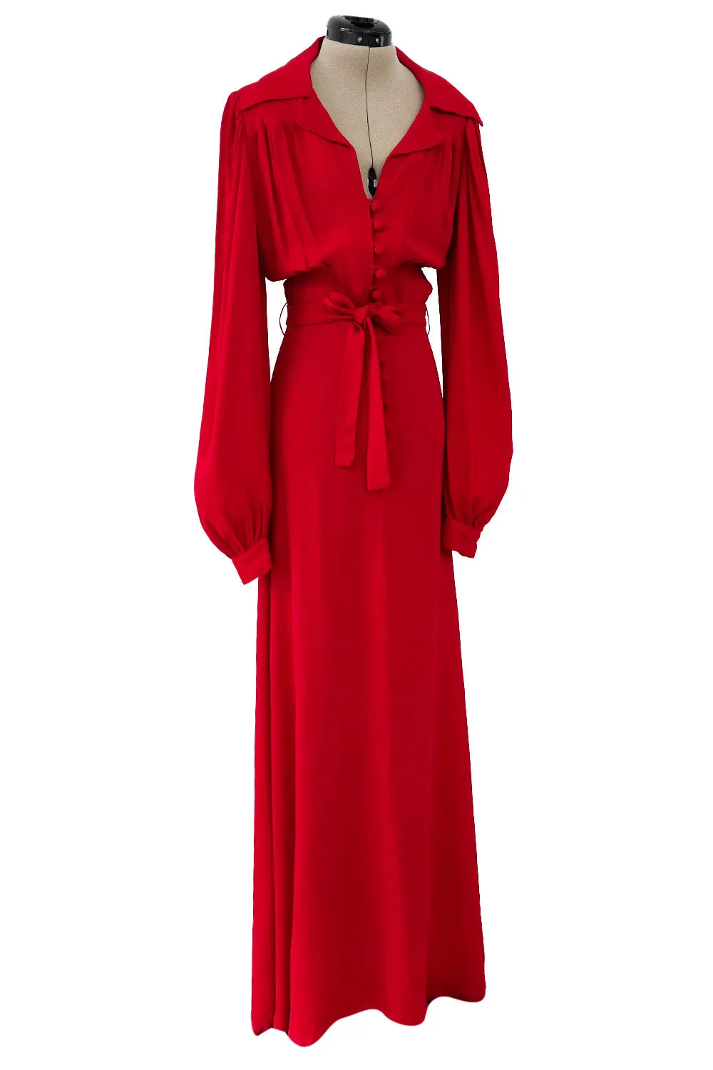 Fabulous c.1969 Ossie Clark Red Moss Crepe Dress w Bishop Sleeves, Button Front & Pointed Collar