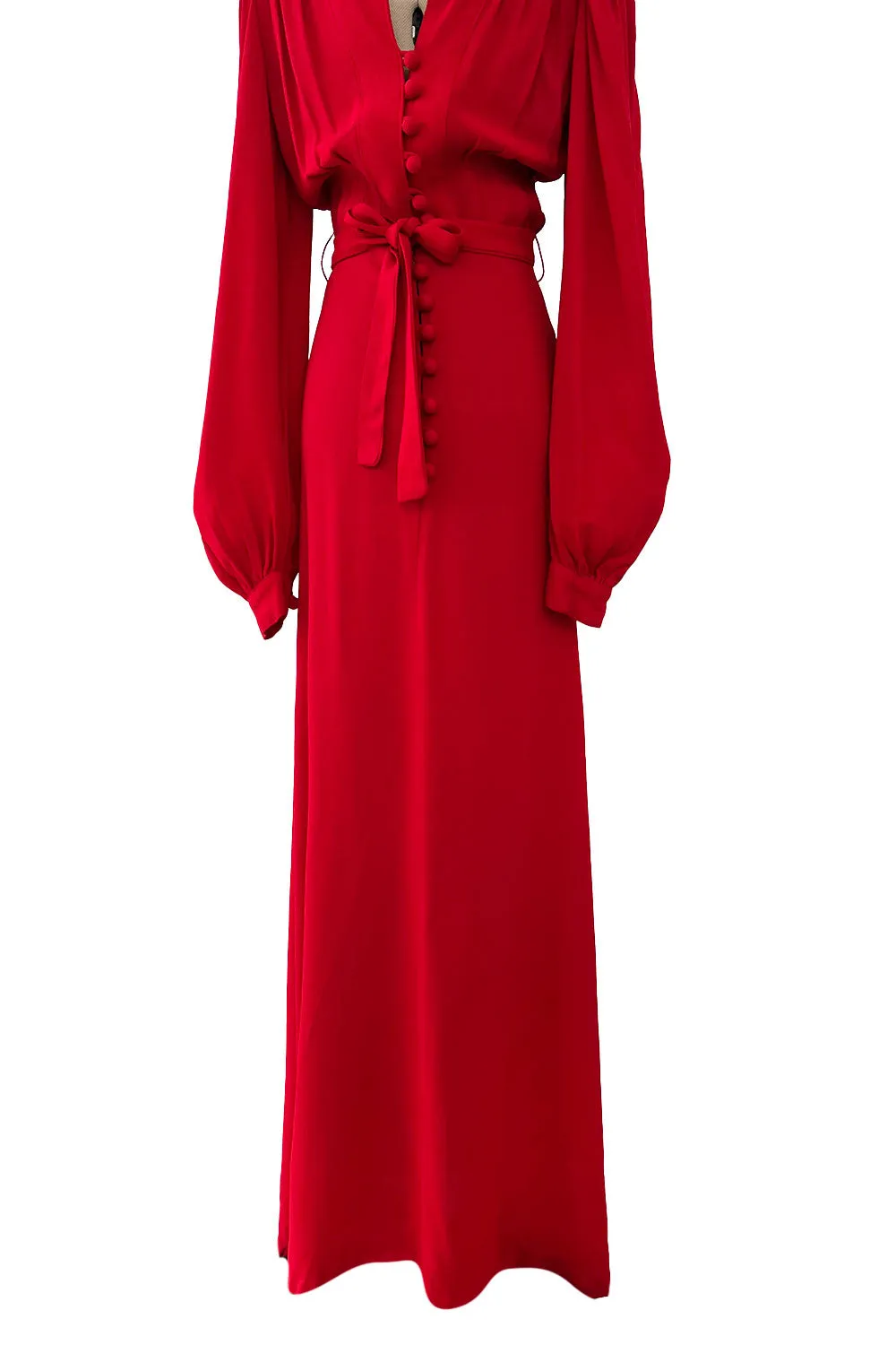 Fabulous c.1969 Ossie Clark Red Moss Crepe Dress w Bishop Sleeves, Button Front & Pointed Collar