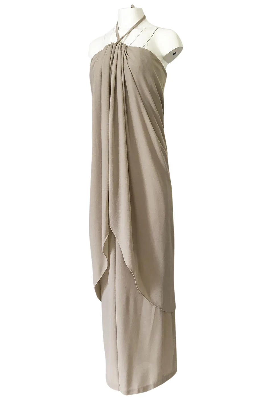 Fall 1994 Bill Blass Sand Coloured Silk Crepe Gathered Front Halter Dress
