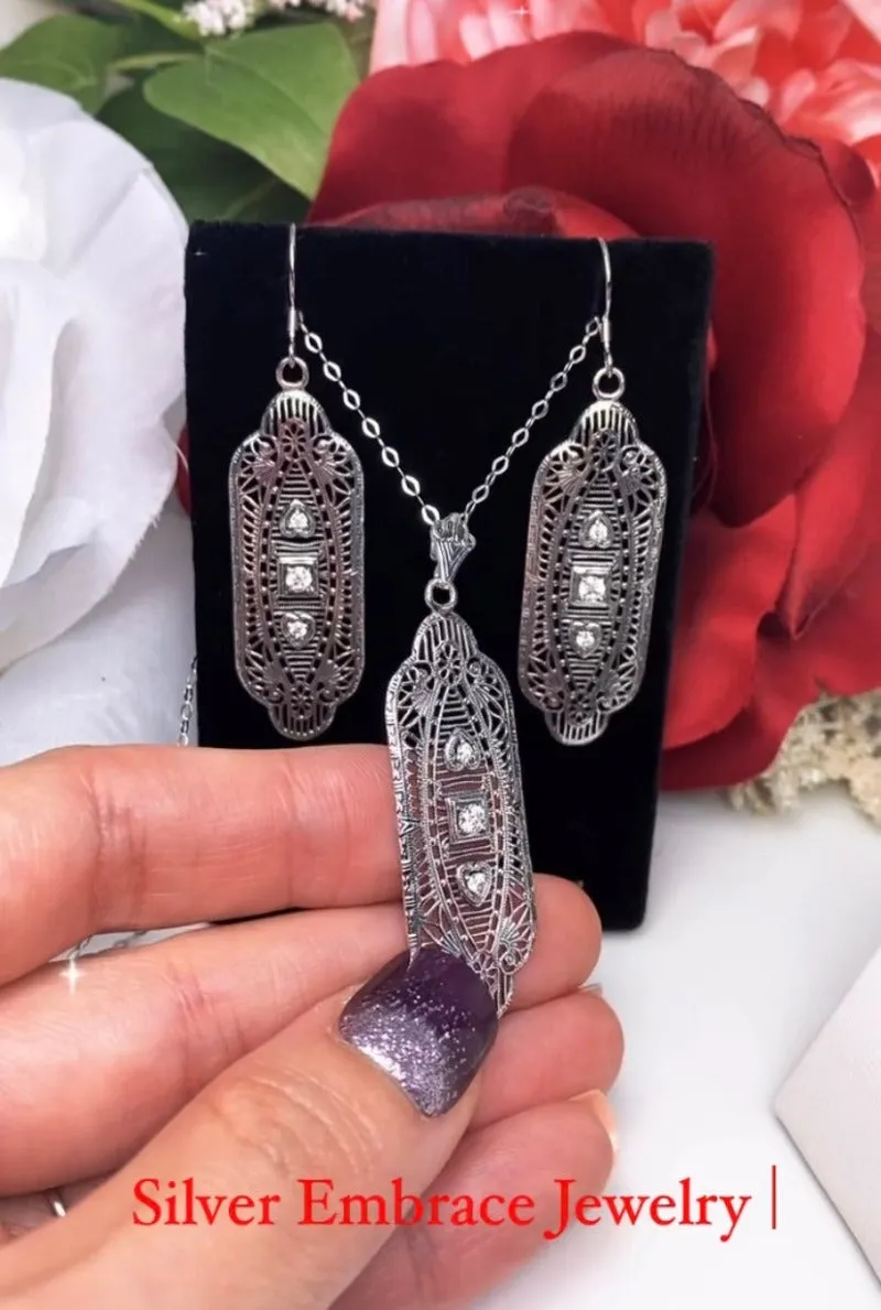 Faux Diamond Earrings & Pendant Set, Moissanite or Cubic Zirconia Gemstones, Angel Wings Vintage Revival Jewelry #S359