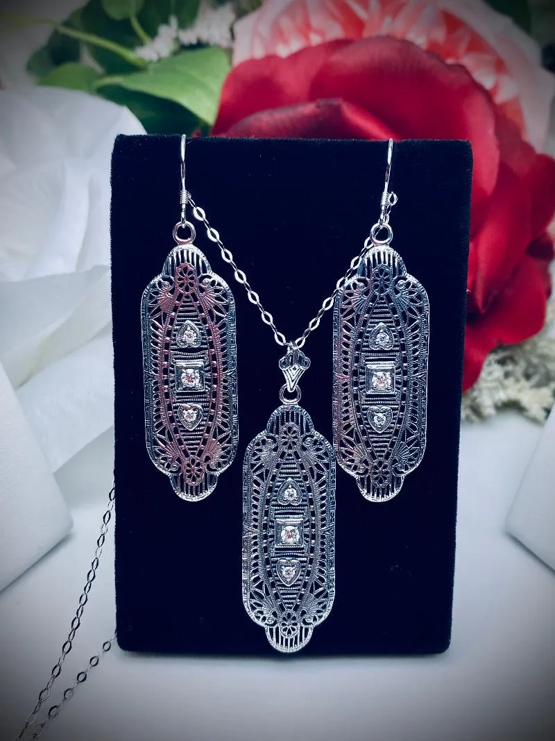 Faux Diamond Earrings & Pendant Set, Moissanite or Cubic Zirconia Gemstones, Angel Wings Vintage Revival Jewelry #S359