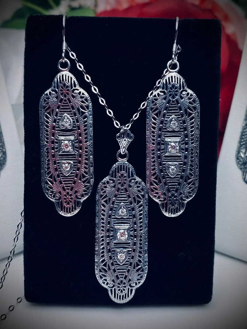 Faux Diamond Earrings & Pendant Set, Moissanite or Cubic Zirconia Gemstones, Angel Wings Vintage Revival Jewelry #S359