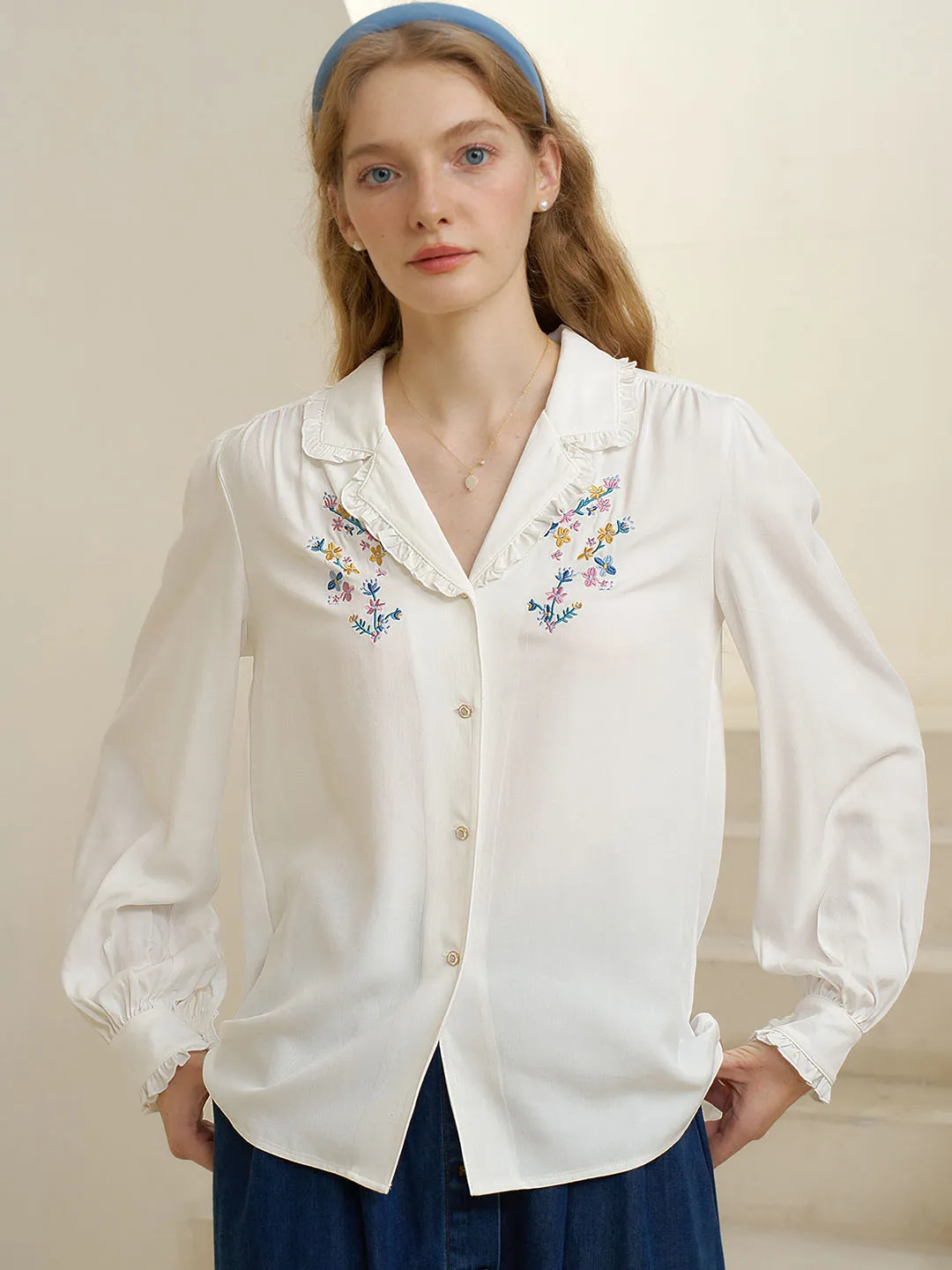 【Final Sale】Convallaria Floral Embroidered White Puff Top