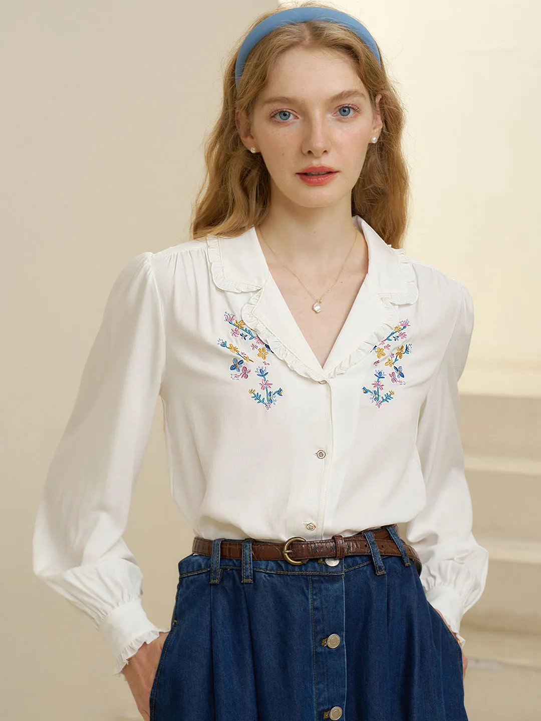 【Final Sale】Convallaria Floral Embroidered White Puff Top