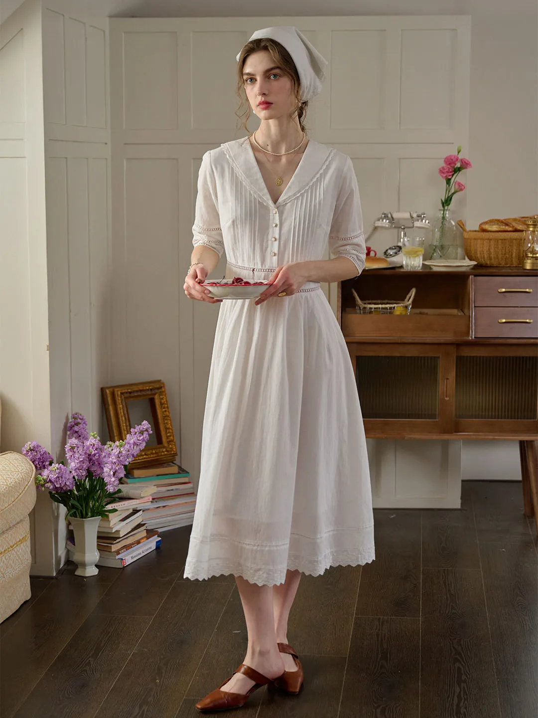 Fiona 100% Cotton White Midi Dress
