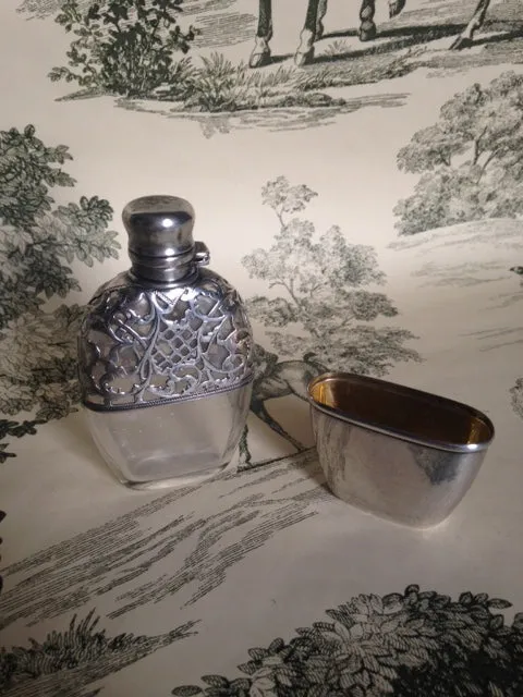 Flask Sterling Silver and Glass Victorian Removable Cup