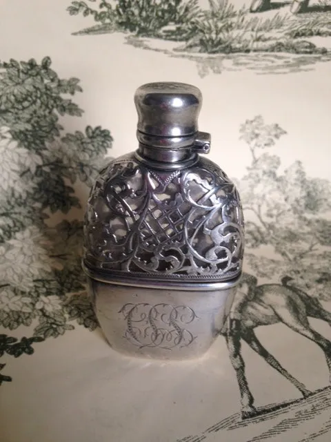 Flask Sterling Silver and Glass Victorian Removable Cup