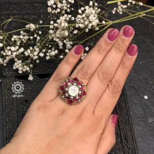 Floral Kundan Gold Polish Silver Ring