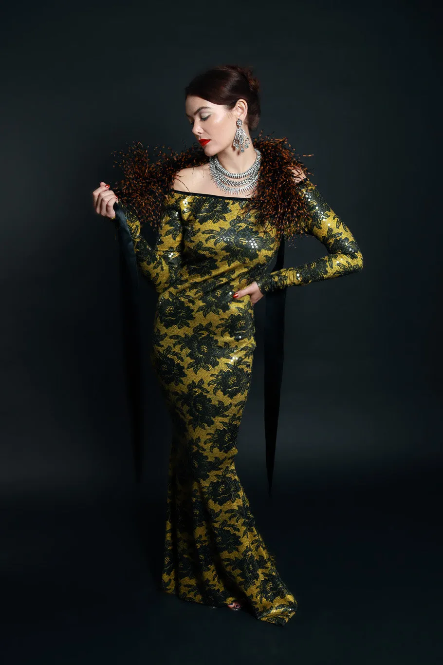 Floral Sequin Gown & Feather Boa Set
