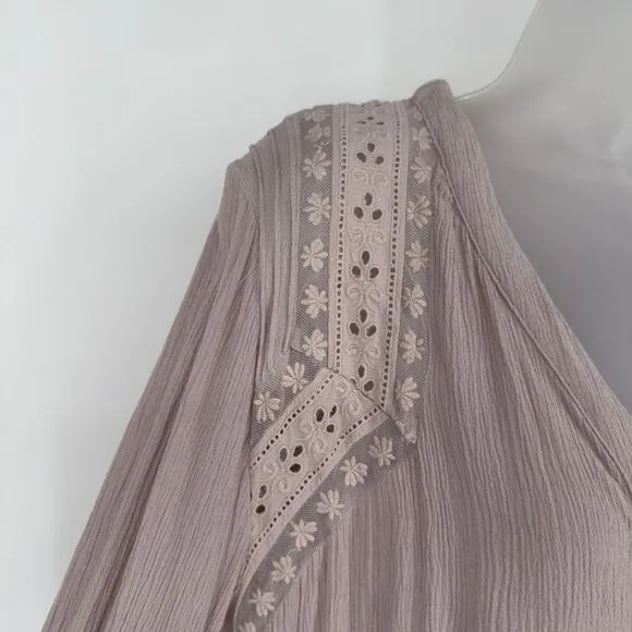 Free People XS Courtney’s Victorian Shirt Dress Taupe Boho Lace Detail Oversized