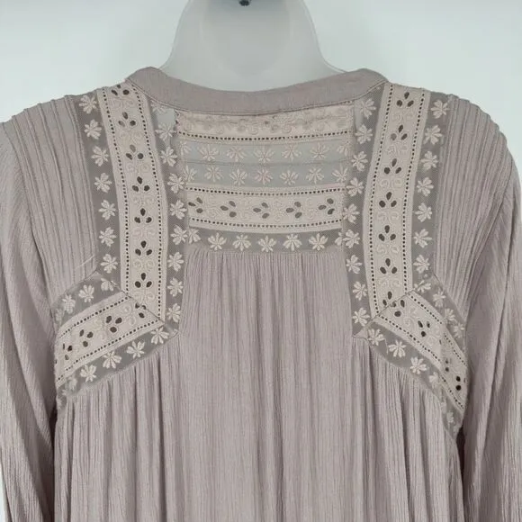 Free People XS Courtney’s Victorian Shirt Dress Taupe Boho Lace Detail Oversized