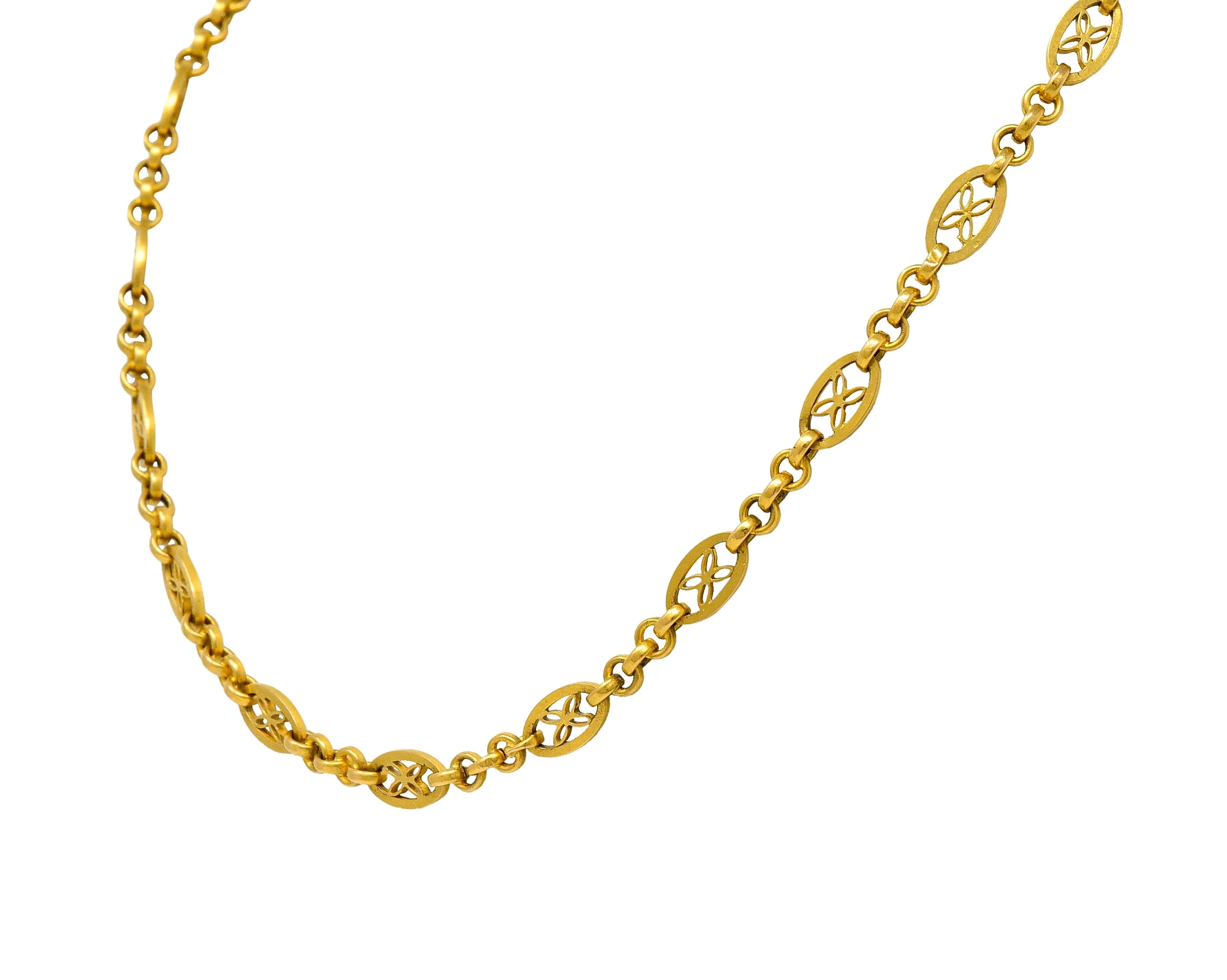 French Victorian 18 Karat Yellow Gold Floral Navette Link Antique Chain Necklace