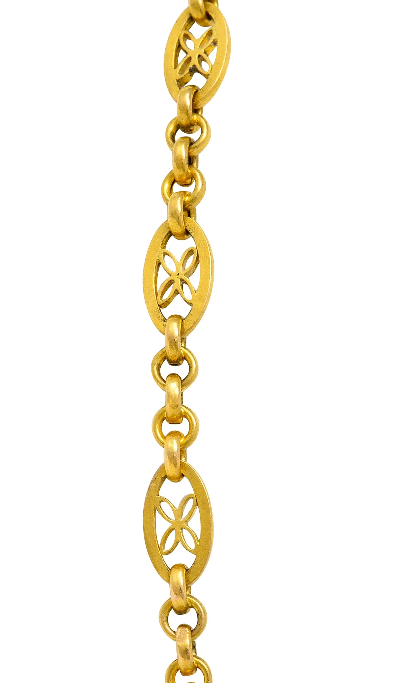 French Victorian 18 Karat Yellow Gold Floral Navette Link Antique Chain Necklace