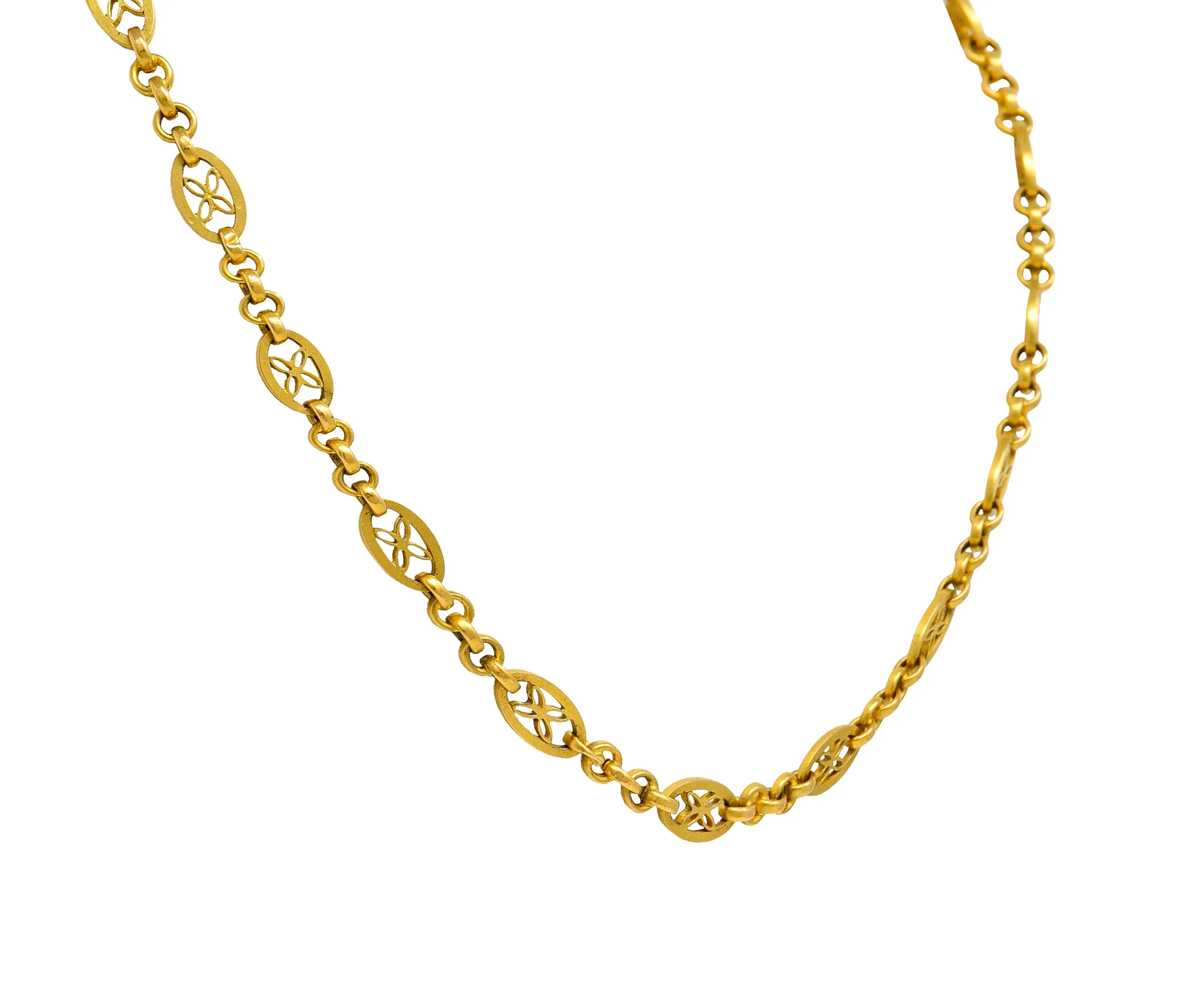 French Victorian 18 Karat Yellow Gold Floral Navette Link Antique Chain Necklace