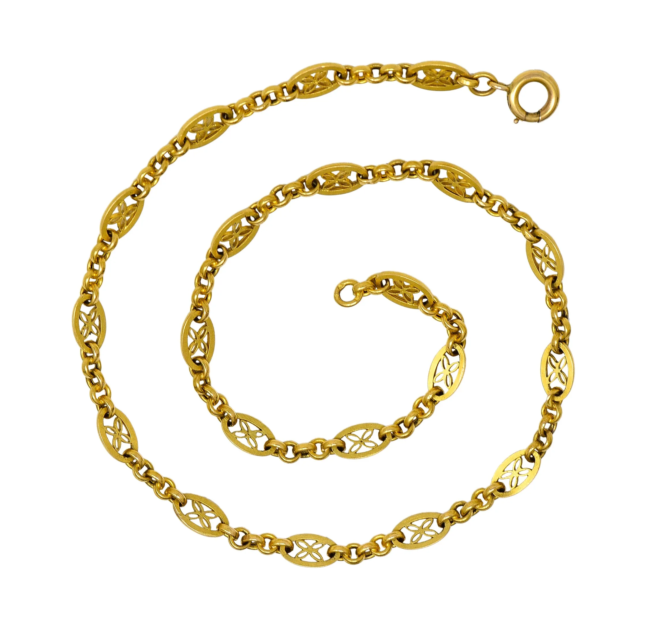 French Victorian 18 Karat Yellow Gold Floral Navette Link Antique Chain Necklace