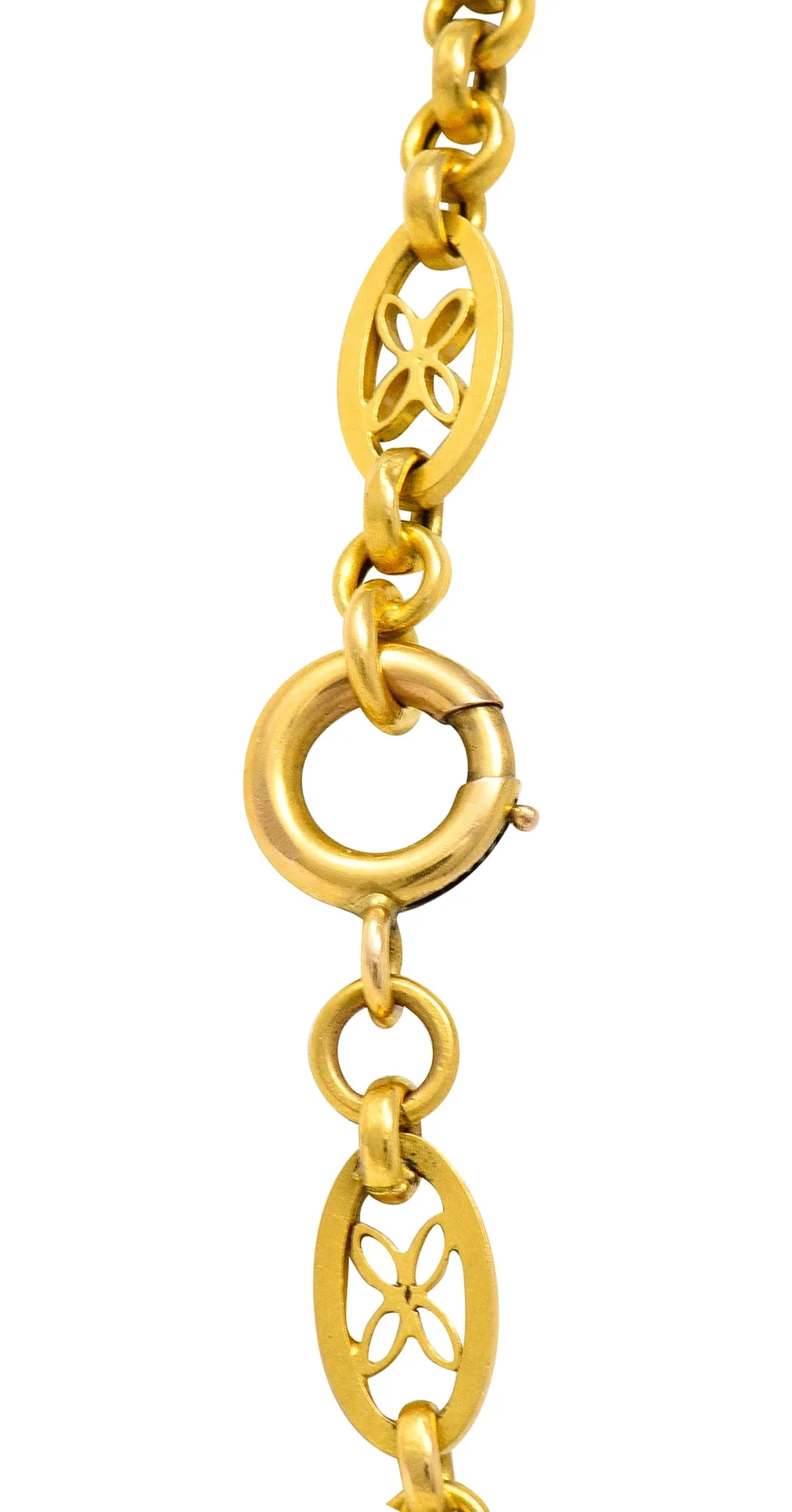 French Victorian 18 Karat Yellow Gold Floral Navette Link Antique Chain Necklace