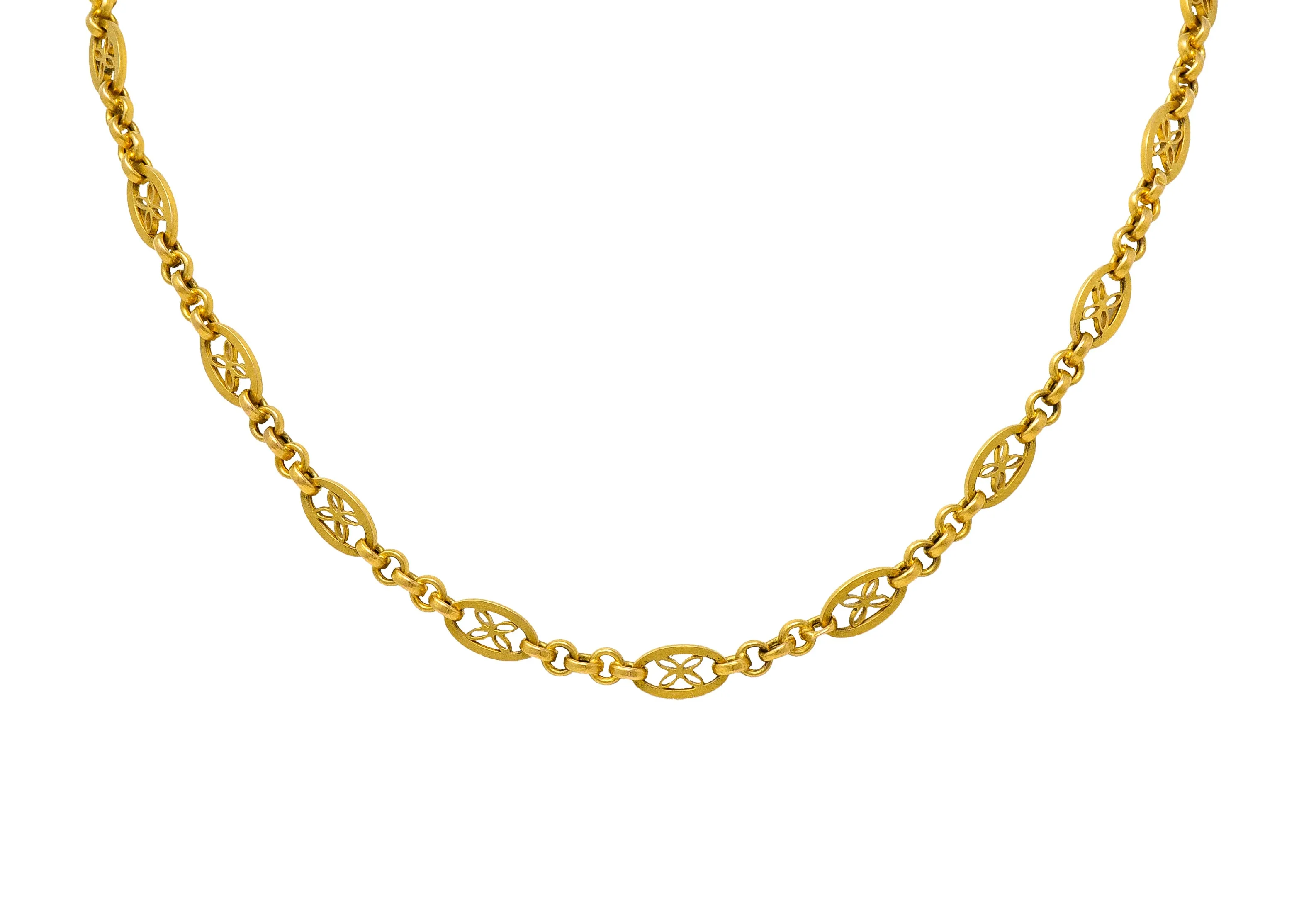 French Victorian 18 Karat Yellow Gold Floral Navette Link Antique Chain Necklace