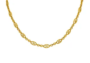 French Victorian 18 Karat Yellow Gold Floral Navette Link Antique Chain Necklace