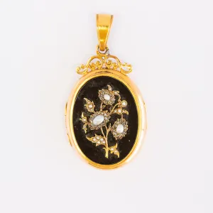 French Victorian Floral Locket with Black Onyx, Diamonds & Pearls, 18k