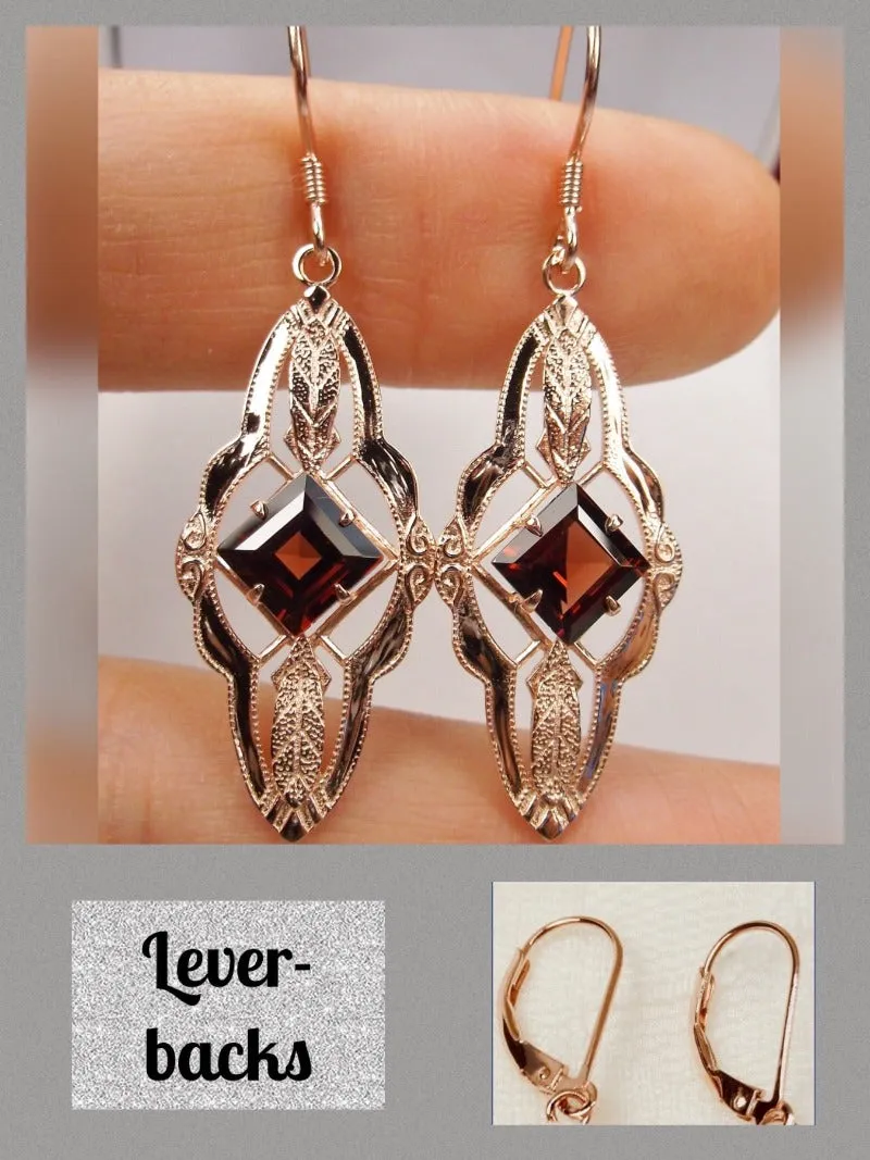 Garnet Earrings, Rose Gold plated, Natural Gemstone, Victorian jewelry #E6