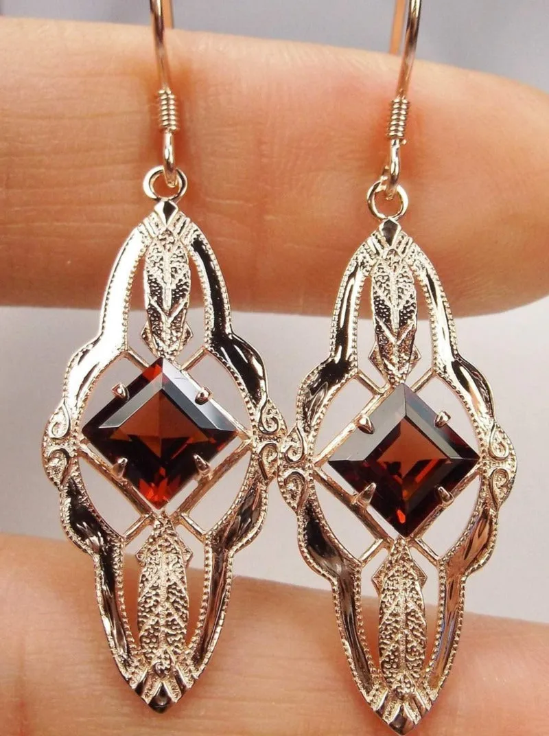 Garnet Earrings, Rose Gold plated, Natural Gemstone, Victorian jewelry #E6
