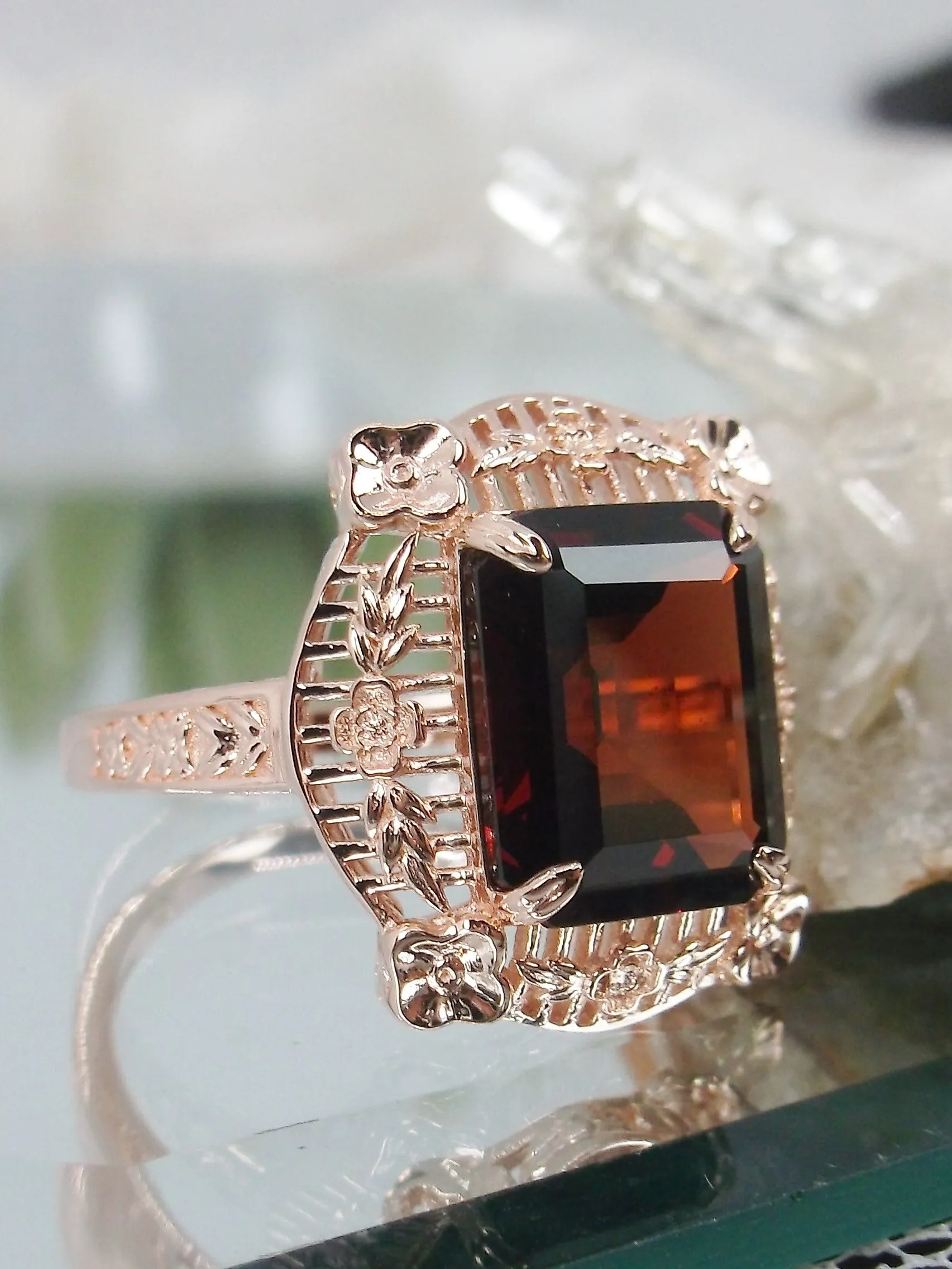 Garnet Ring, Natural Gemstone, Rose Gold, Victorian Jewelry #D227