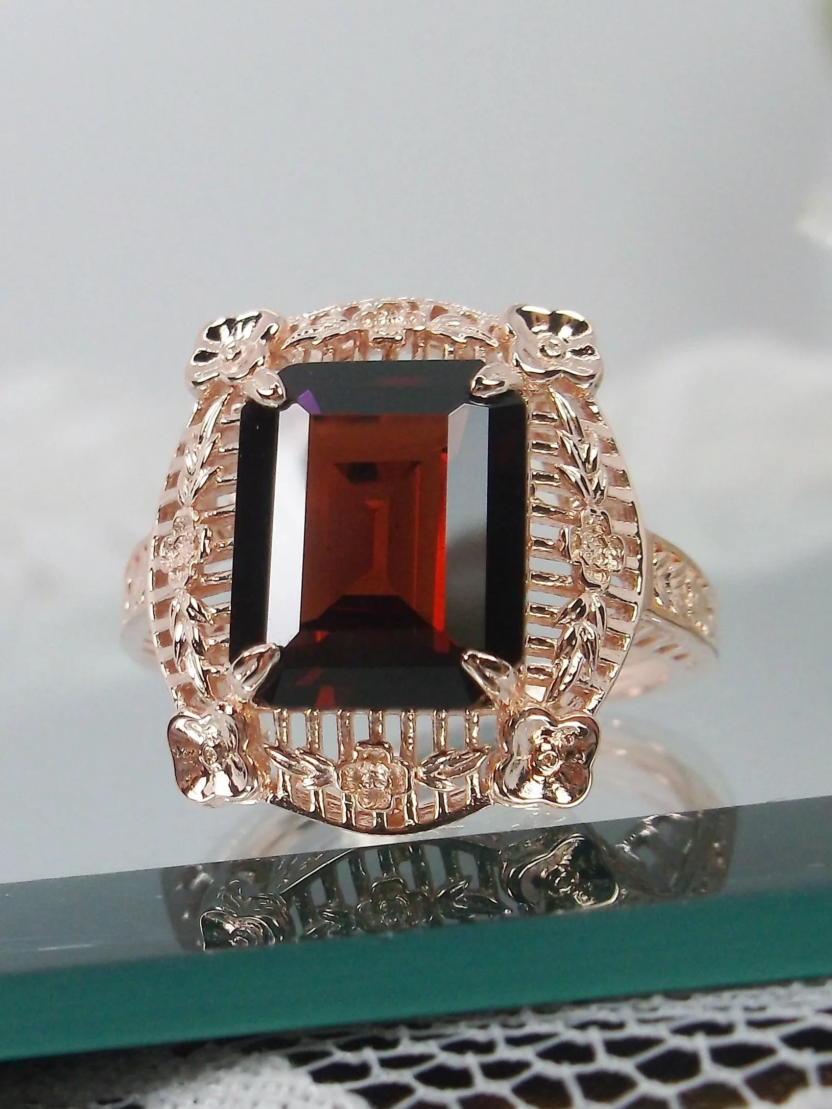 Garnet Ring, Natural Gemstone, Rose Gold, Victorian Jewelry #D227