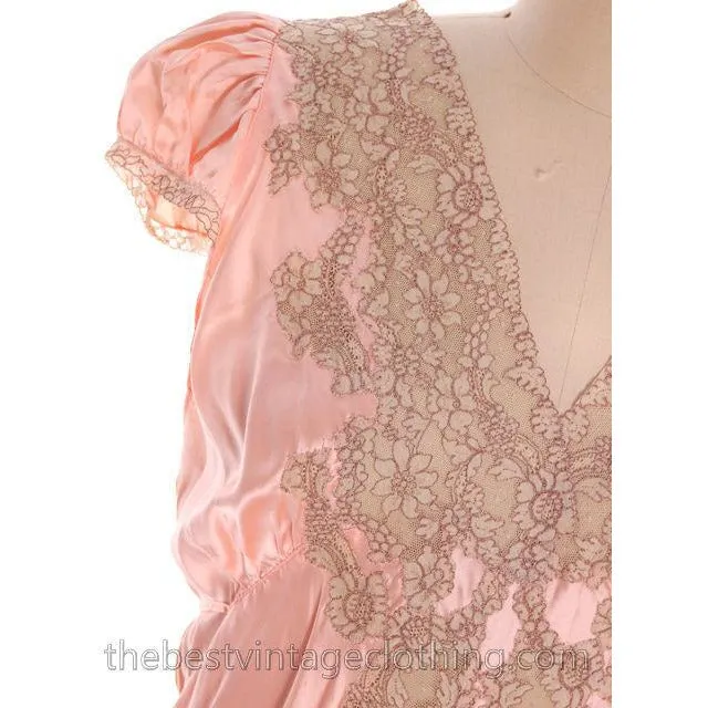 Gorgeous Vintage Peach Rayon Charmeuse Satin Lace NOS Nightgown Boudoir XL Plus Bias Cut