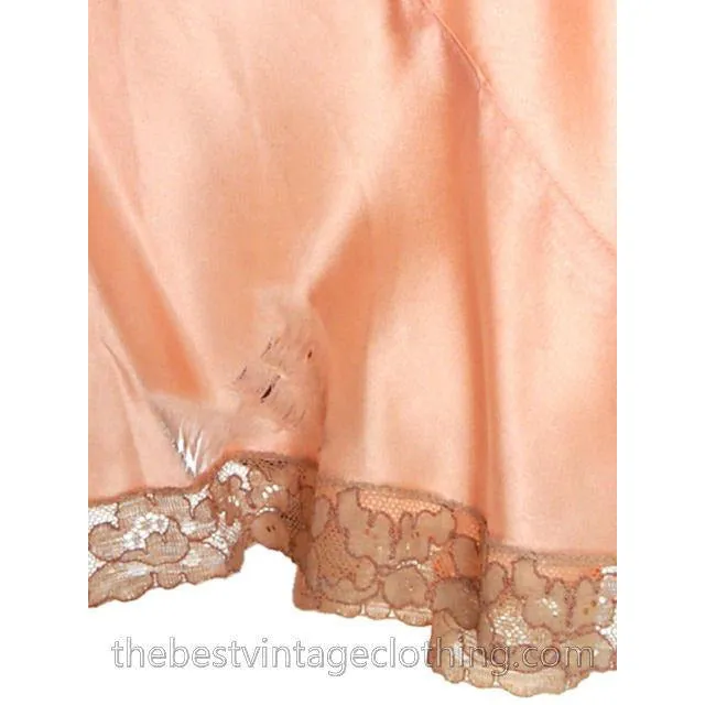 Gorgeous Vintage Peach Rayon Charmeuse Satin Lace NOS Nightgown Boudoir XL Plus Bias Cut