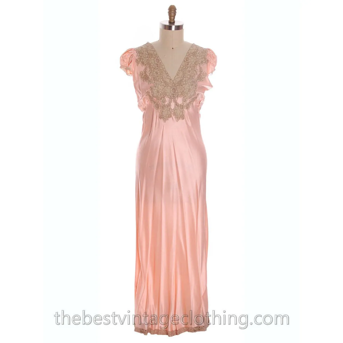 Gorgeous Vintage Peach Rayon Charmeuse Satin Lace NOS Nightgown Boudoir XL Plus Bias Cut