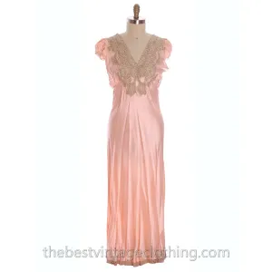 Gorgeous Vintage Peach Rayon Charmeuse Satin Lace NOS Nightgown Boudoir XL Plus Bias Cut