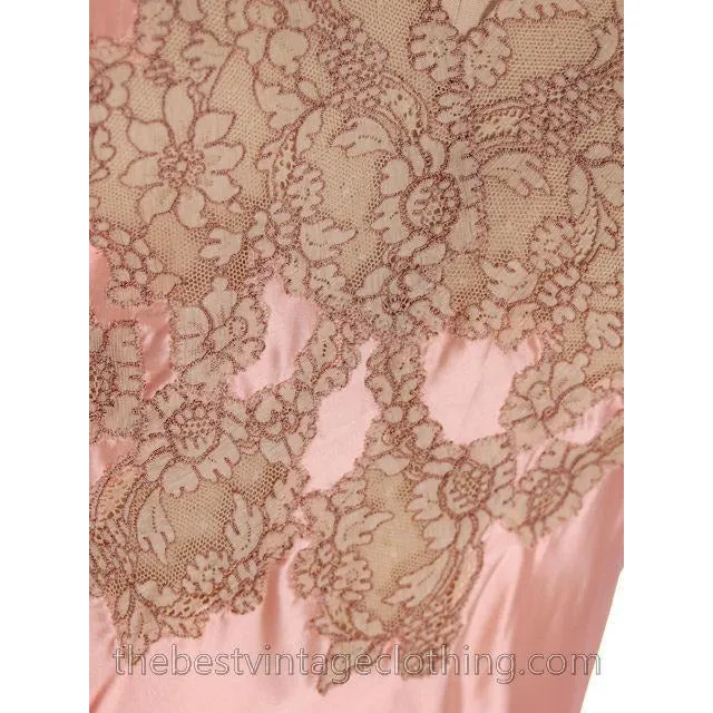 Gorgeous Vintage Peach Rayon Charmeuse Satin Lace NOS Nightgown Boudoir XL Plus Bias Cut