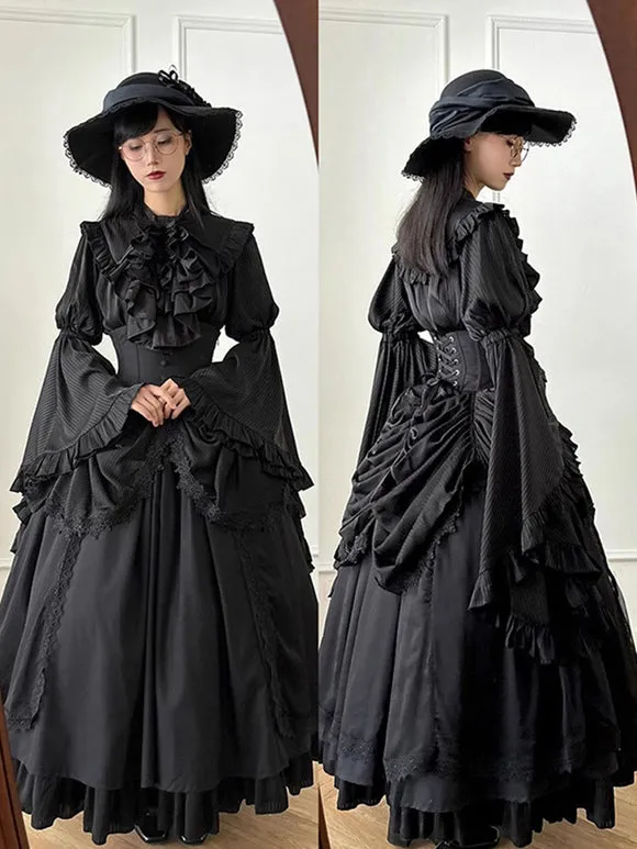 Gothic Lolita Dress Elegant All-Black Victorian Long Sleeve Ruffled Vintage Gown