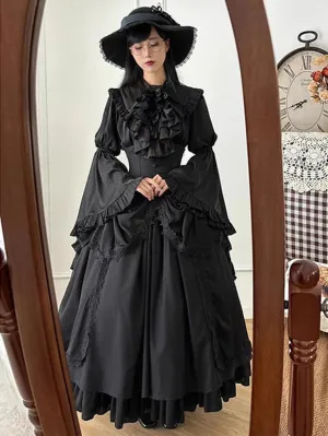 Gothic Lolita Dress Elegant All-Black Victorian Long Sleeve Ruffled Vintage Gown
