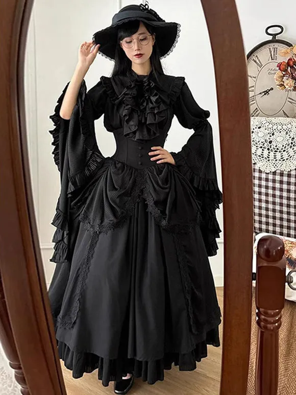Gothic Lolita Dress Elegant All-Black Victorian Long Sleeve Ruffled Vintage Gown