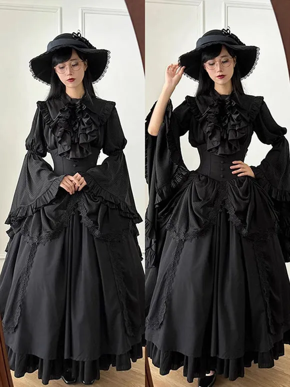 Gothic Lolita Dress Elegant All-Black Victorian Long Sleeve Ruffled Vintage Gown