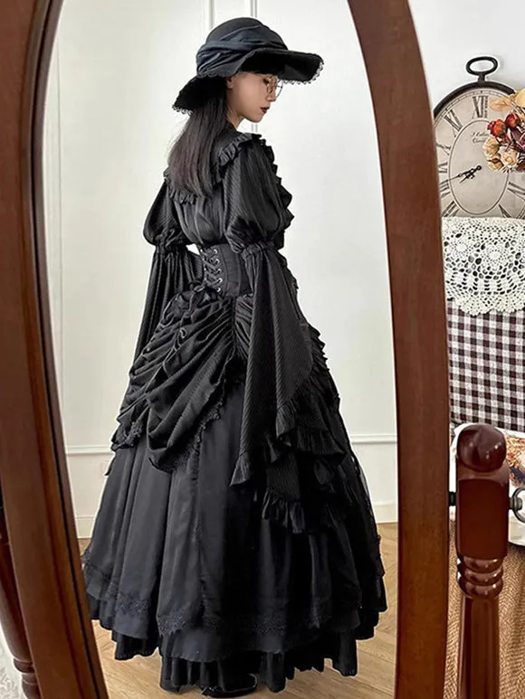 Gothic Lolita Dress Elegant All-Black Victorian Long Sleeve Ruffled Vintage Gown