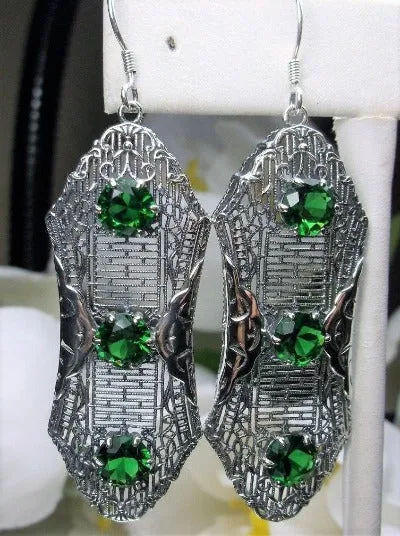 Green Emerald Earrings, Triple Gems, Edwardian Jewelry E42