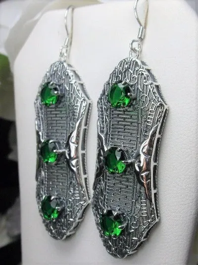 Green Emerald Earrings, Triple Gems, Edwardian Jewelry E42